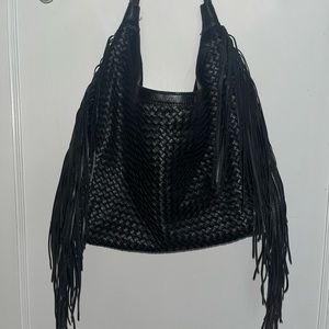 Black pleather fringe oversized purse